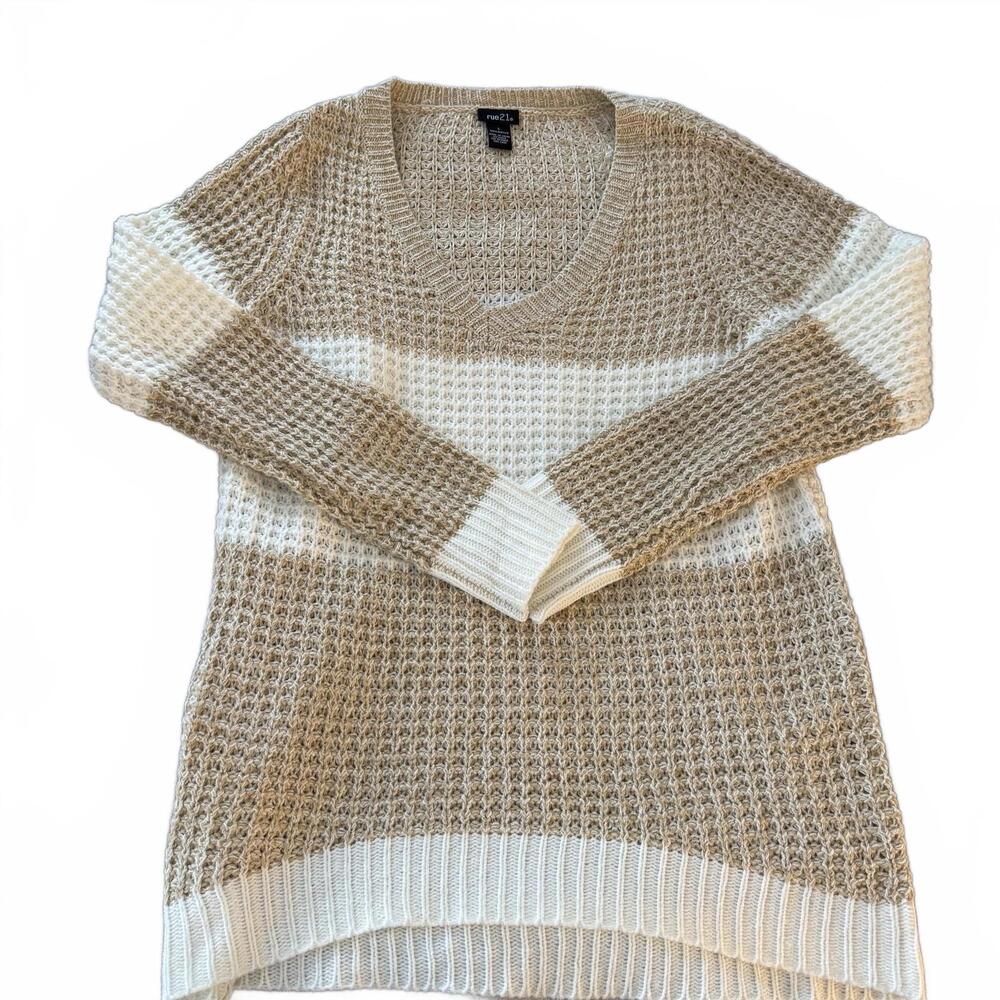 Vintage RUE 21 Tan/Cream Striped Loose Knit VNeck Pullover Sweater SZ L y2k